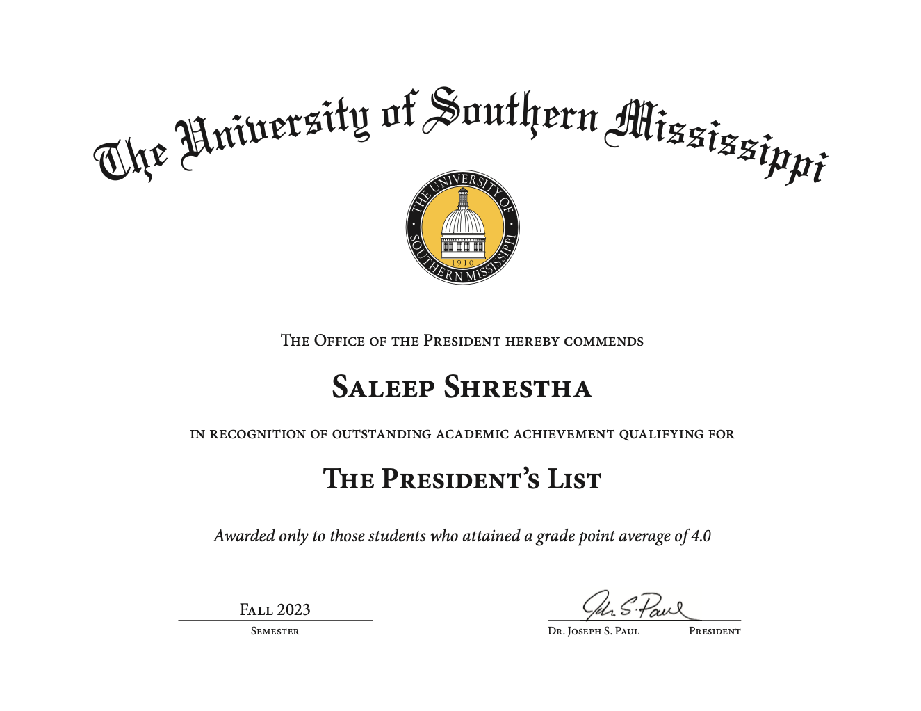 President's List Certificate