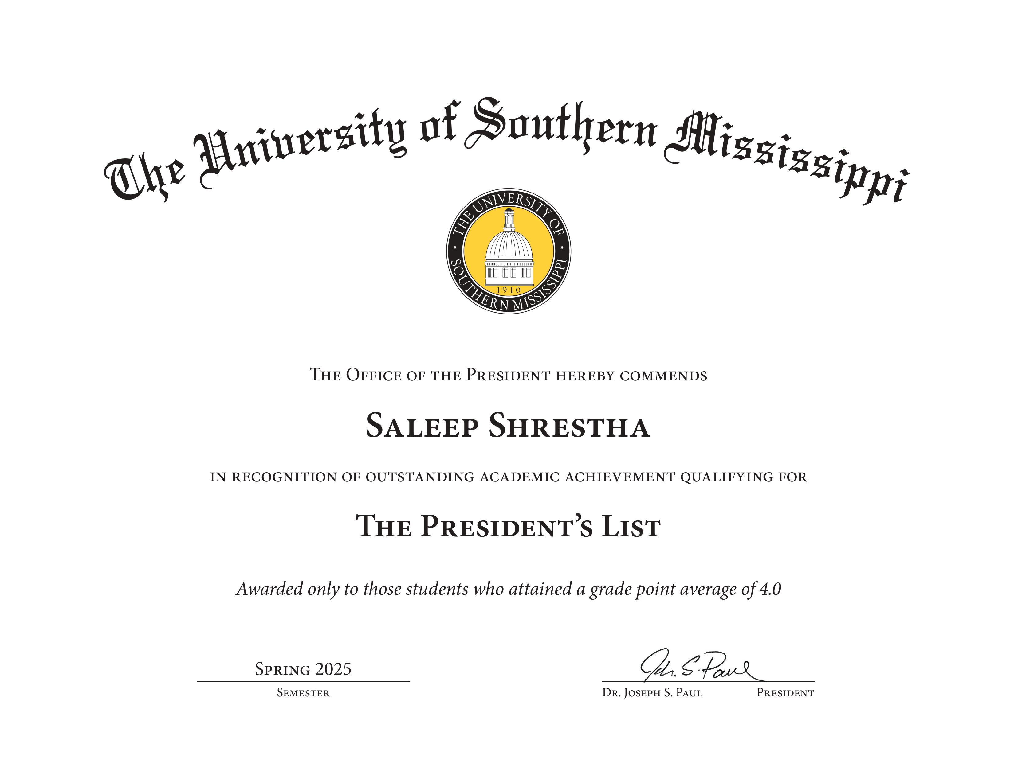 President's List Certificate